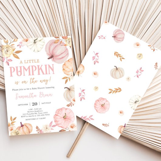 Pink Little Pumpkin Fall Baby Shower 招待状