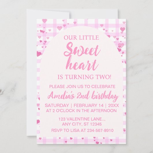 Pink Little Sweetheart Second Birthday Invitation. 招待状 (正面)