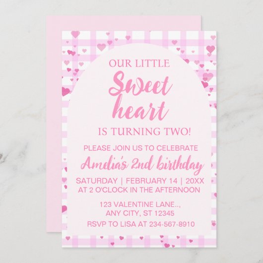 Pink Little Sweetheart Second Birthday Invitation. 招待状 (正面/裏面)