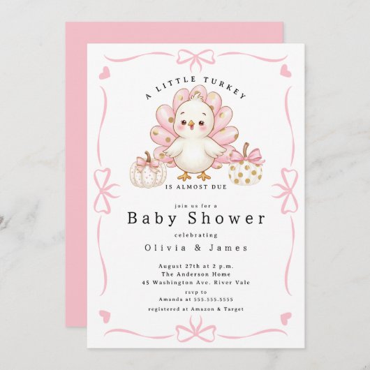 Pink Little Turkey Baby Shower Invite 招待状 (正面/裏面)
