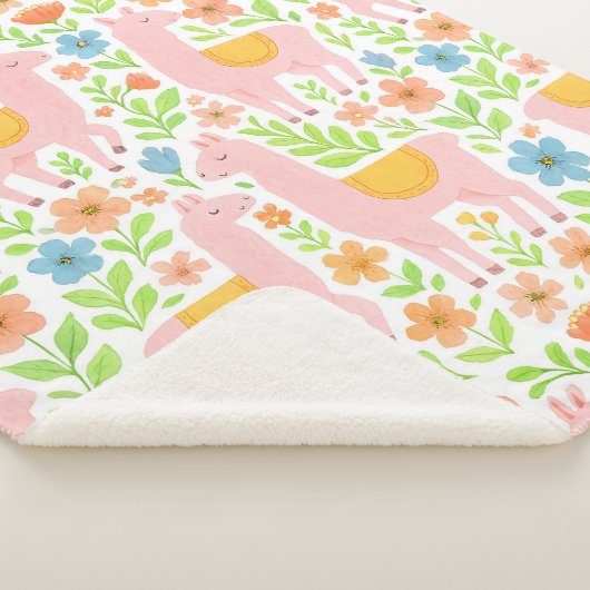 Pink Llamas & Flowers Sherpa Blanket - Customiz シェルパブランケット (3/4)