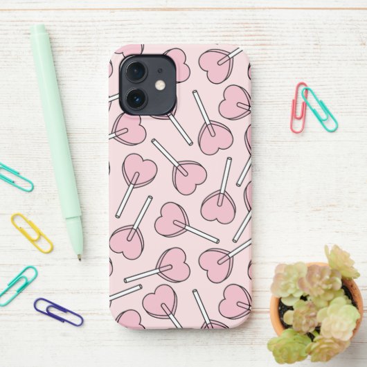 Pink Lollipops, Heart Lollipops, Lollipop Pattern iPhoneケース (デスク上)