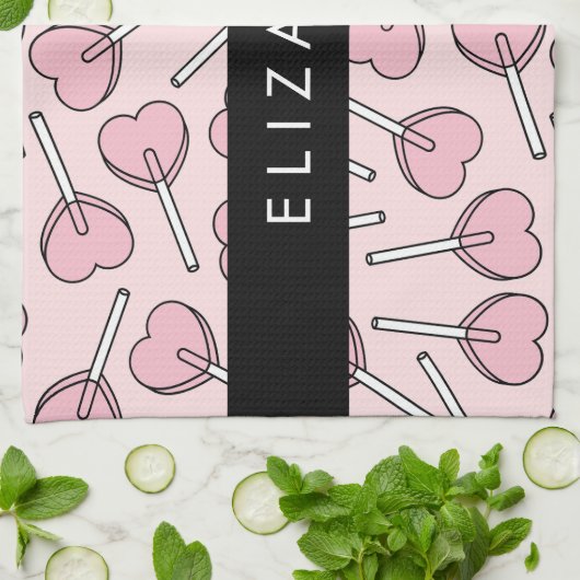 Pink Lollipops, Heart Lollipops, Lolly, Your Name キッチンタオル (折り畳み)