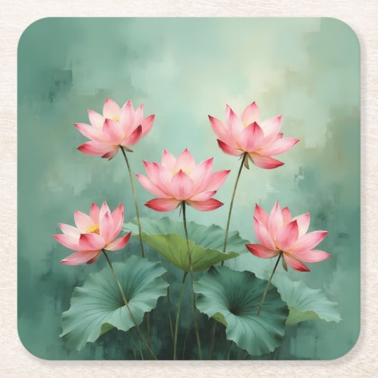 Pink Lotus Artwork スクエアペーパーコースター (正面)