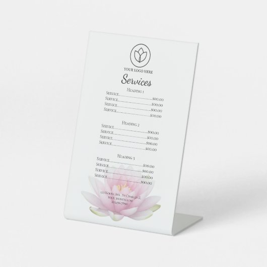 Pink Lotus Flower Spa Salon Services Menu 台座サイン (正面)