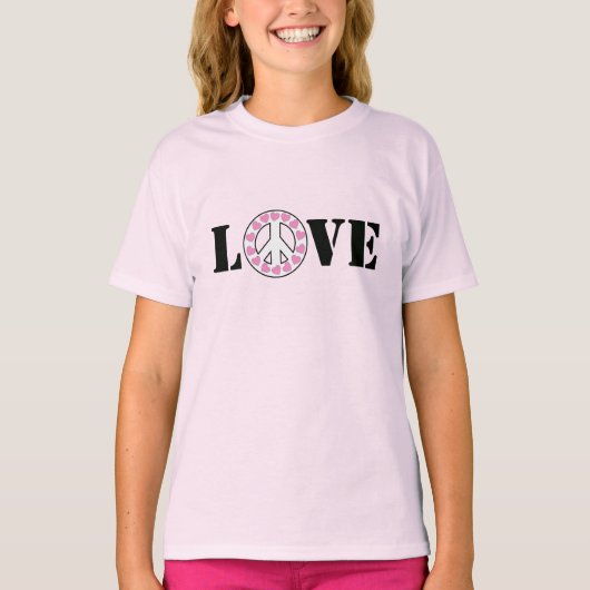 Pink Love & Peace Sign Hearts Tシャツ (正面)