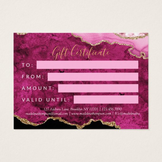 Pink Magenta Gold Agate Business Gift Certificate (裏面)
