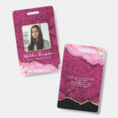 Pink Magenta Gold Agate Marble Business Company ID バッジ (正面&裏面)