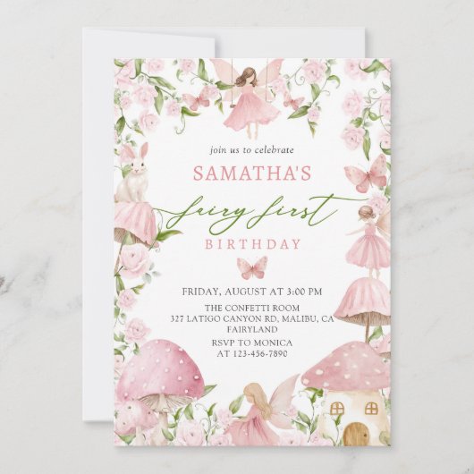 Pink Magical Forest Fairy First Birthday 招待状 (正面)