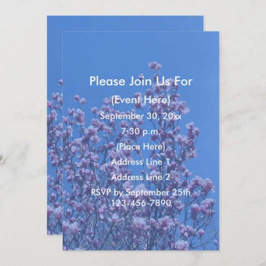 Pink Magnolia Blossoms Blue Sky Floral  招待状 (正面/裏面)