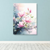 Pink Magnolia Blossoms Botanical キャンバスプリント (インサイチュ (ウッドフロア))
