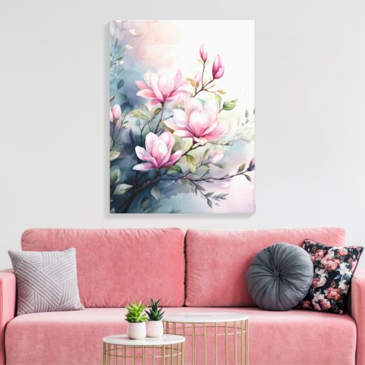 Pink Magnolia Blossoms Botanical キャンバスプリント (インサイチュ (リビング))