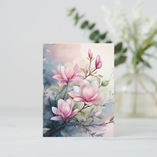 Pink Magnolia Blossoms Botanical ポストカード (スタンド正面)