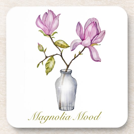 Pink Magnolia Watercolor Botanical コースター (正面)