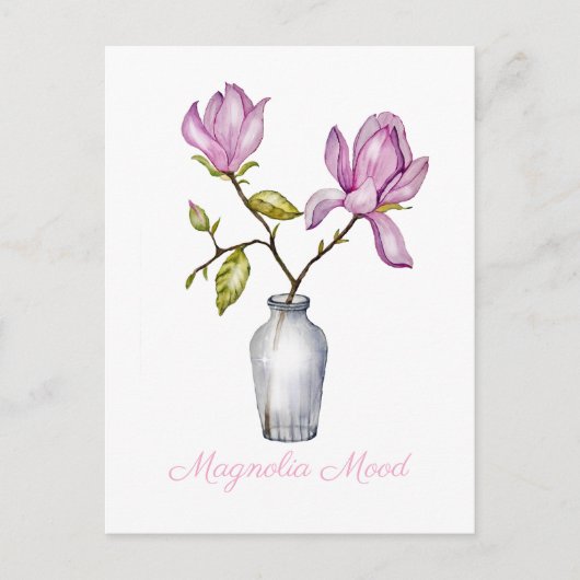 Pink Magnolia Watercolor Botanical シーズンポストカード (正面)