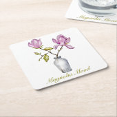 Pink Magnolia Watercolor Botanical スクエアペーパーコースター (アングル)