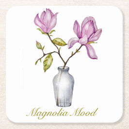 Pink Magnolia Watercolor Botanical スクエアペーパーコースター