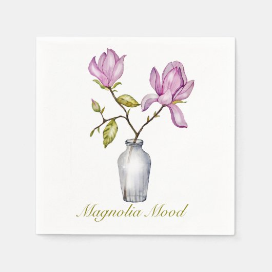 Pink Magnolia Watercolor Botanical スタンダードカクテルナプキン (正面)