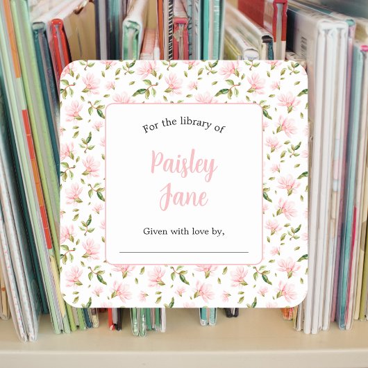 Pink Magnolias baby shower bookplate sticker スクエアシール