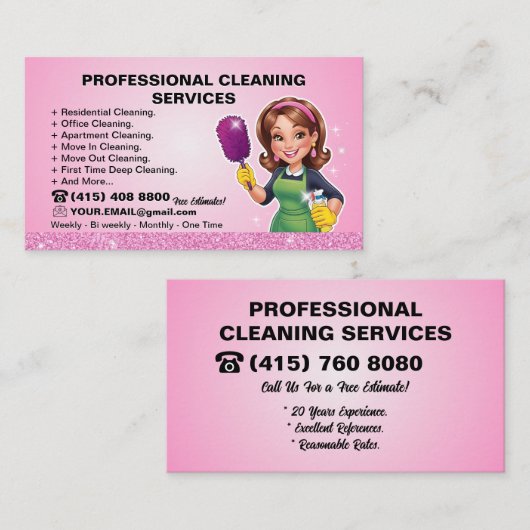 Pink Maid Janitorial Lady House Cleaning Service 名刺 (正面/裏面)