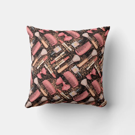 Pink Makeup Cosmetics Pattern Glitter  クッション (裏面)