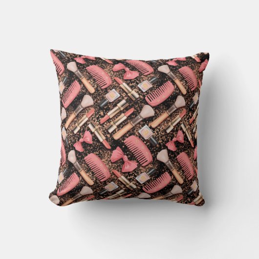 Pink Makeup Cosmetics Pattern Glitter  クッション (正面)