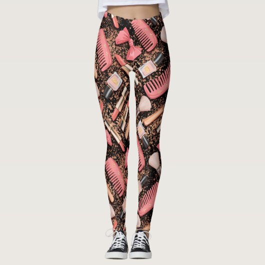 Pink Makeup Cosmetics Pattern Glitter  レギンス (正面)