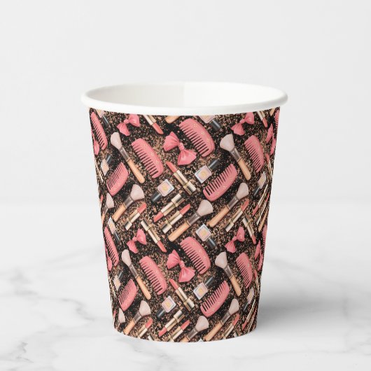 Pink Makeup Cosmetics Pattern Glitter  紙コップ (左)