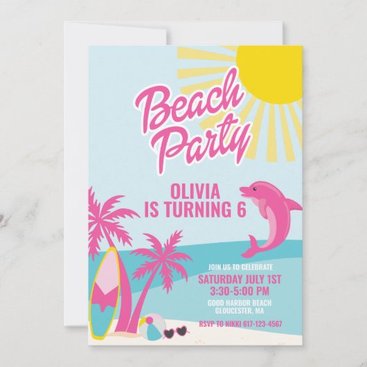 Pink Malibu beach birthday 招待状 (正面)