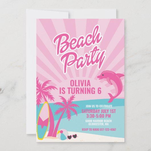 Pink Malibu beach birthday 招待状 (正面)