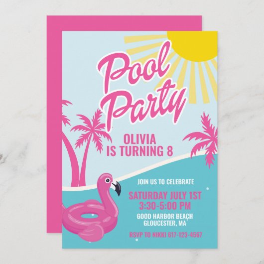 Pink Malibu Pool Party birthday 招待状 (正面/裏面)