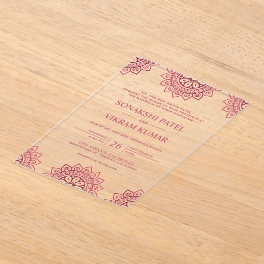 Pink Mandala Indian Wedding アクリル招待状 (レイダウン)
