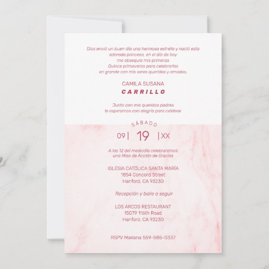 Pink Marble Effect Romantic Photo Quinceañerank 招待状 (裏面)