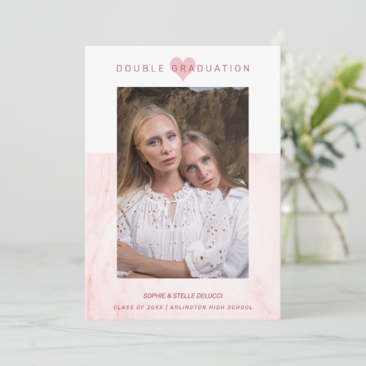 Pink Marble Effect Romantic Photo Twins Graduation 招待状 (スタンド正面)
