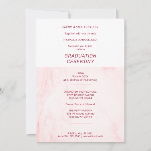 Pink Marble Effect Romantic Photo Twins Graduation 招待状 (裏面)