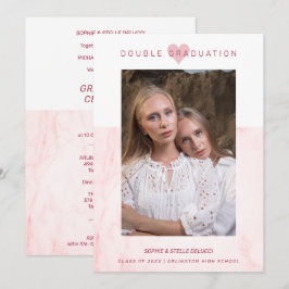 Pink Marble Effect Romantic Photo Twins Graduation 招待状