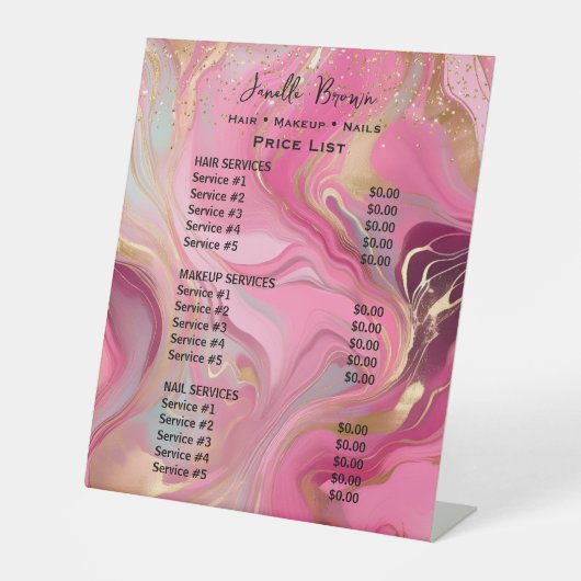 Pink Marble & Gold Glitter Beauty Salon Price List 台座サイン (正面)