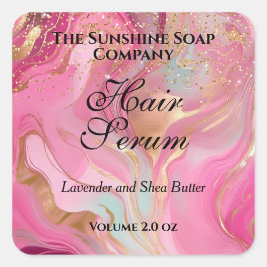 Pink marble & gold glitter dropper bottle label スクエアシール (正面)