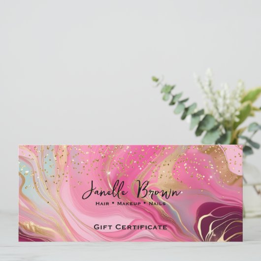 Pink Marble & Gold Glitter Gift Certificate Card 招待状 (スタンド正面)
