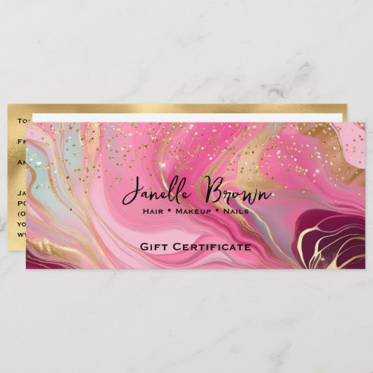 Pink Marble & Gold Glitter Gift Certificate Card 招待状 (正面/裏面)
