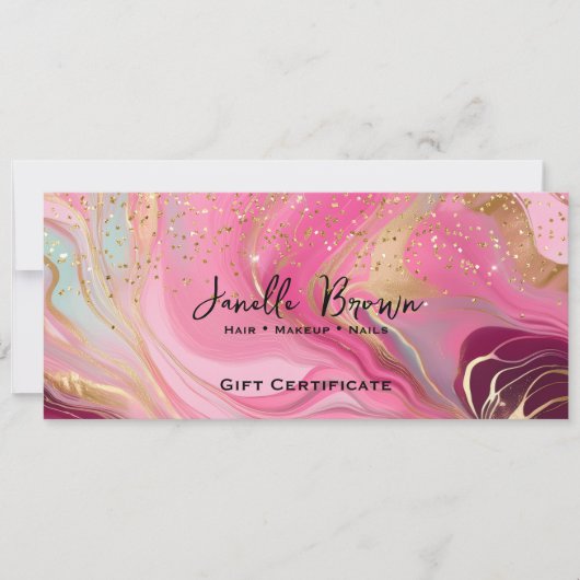 Pink Marble & Gold Glitter Gift Certificate Card 招待状 (正面)