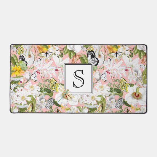 Pink Mariposa Vintage Monogrammed Desk Mat デスクマット (正面)