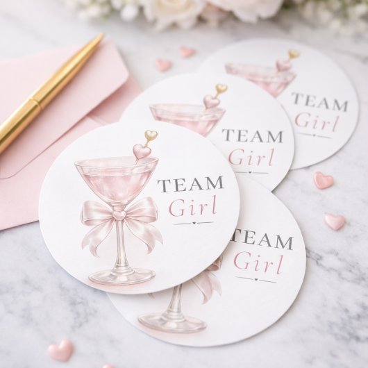 Pink Martini Coquette Bow Gender Reveal Team Girl ラウンドシール