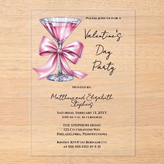 Pink Martini Coquette Bow Valantine's Day Party アクリル招待状 (正面)