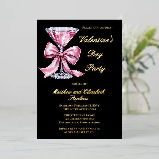 Pink Martini Coquette Bow Valantine's Day Party 箔招待状 (立ち正面)