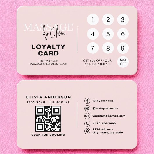 Pink Massage Therapy Loyalty Card with QR Code 名刺