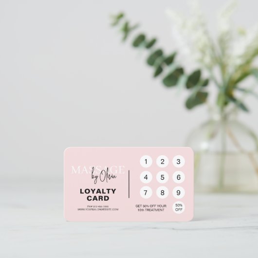 Pink Massage Therapy Loyalty Card with QR Code 名刺 (スタンド正面)
