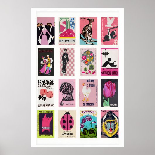 Pink Matchbox Label Collage, Vintage Ephemera ポスター (正面)
