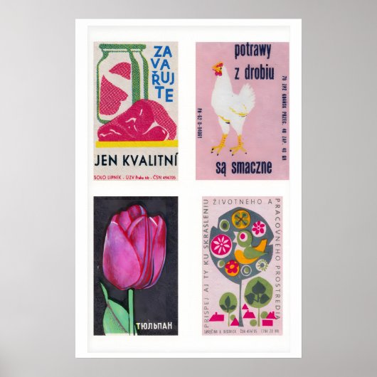 Pink Matchbox Labels Grid Print, Vintage Ephemera ポスター (正面)