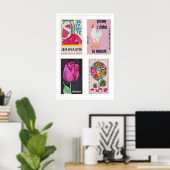 Pink Matchbox Labels Grid Print, Vintage Ephemera ポスター (ホームオフィス)